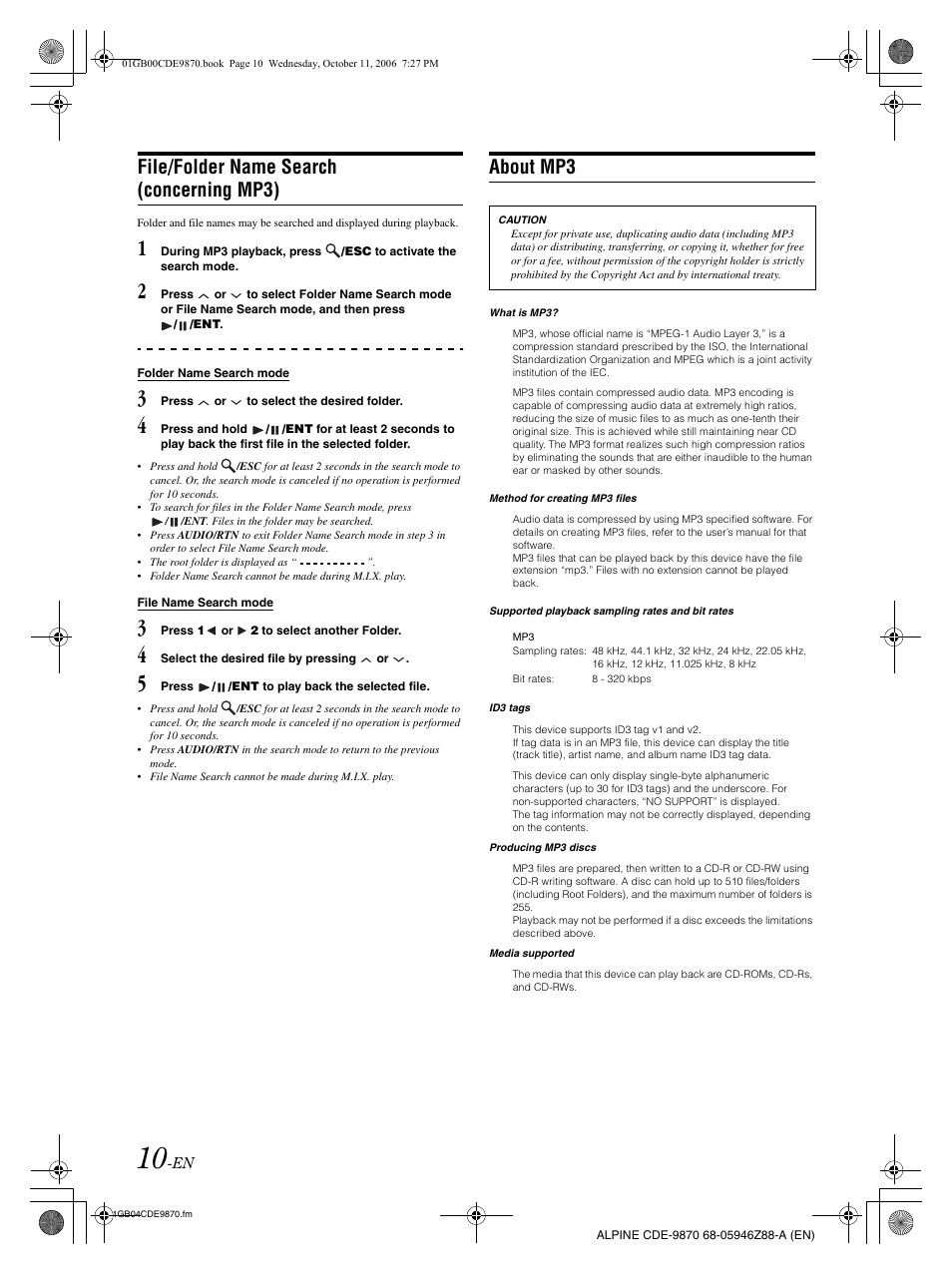 File/folder name search (concerning mp3), About mp3 | Alpine CDE-9870 User Manual | Page 12 / 84