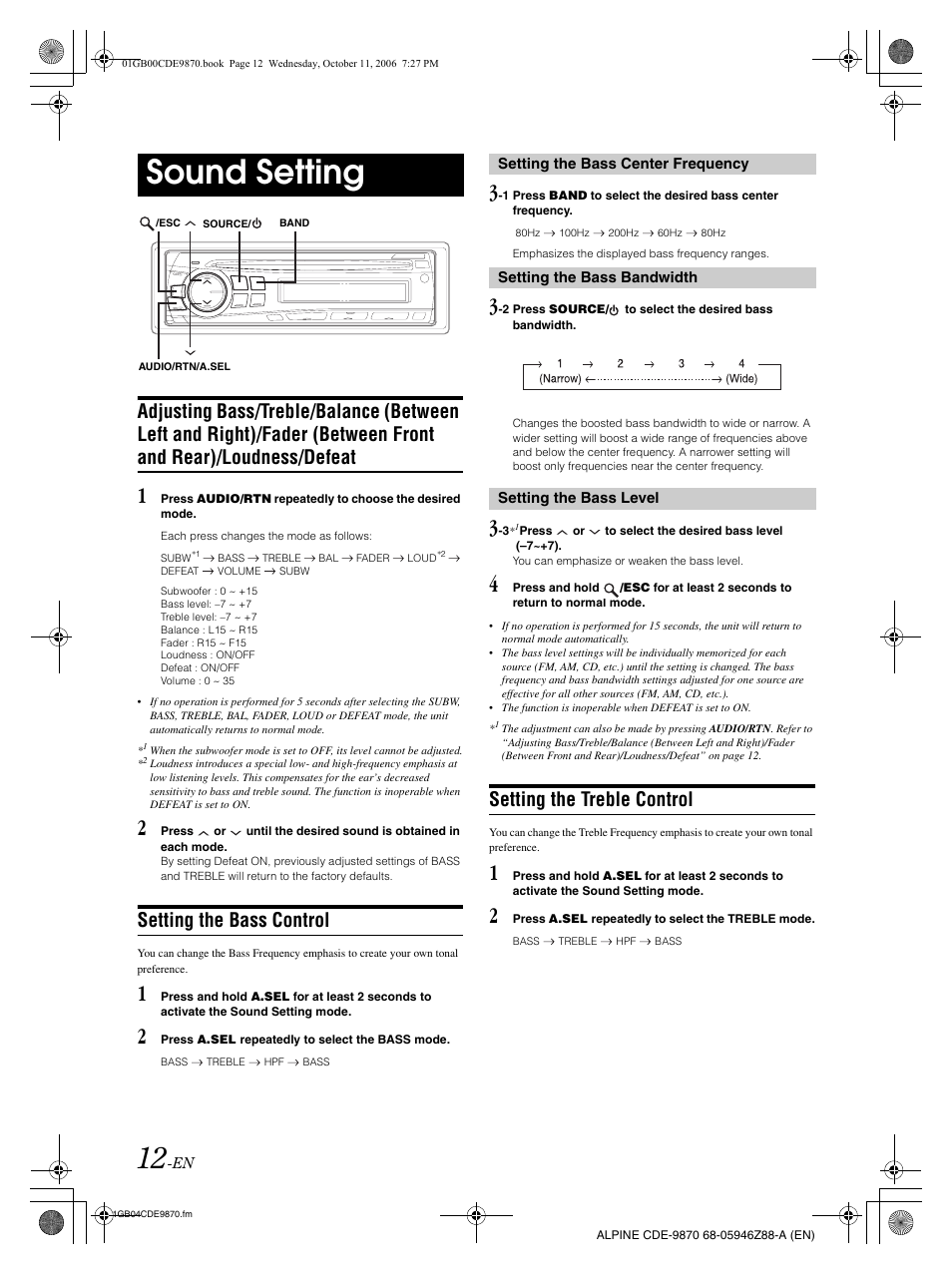 Sound setting, Setting the bass control, Setting the treble control | Alpine CDE-9870 User Manual | Page 14 / 84