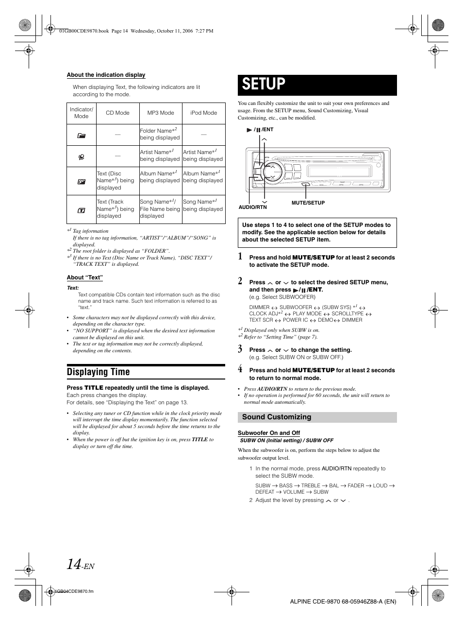 Setup, Displaying time, Sound customizing | Alpine CDE-9870 User Manual | Page 16 / 84