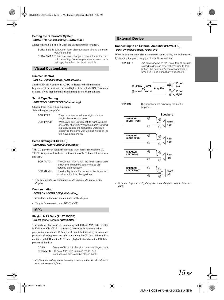 Visual customizing, External device | Alpine CDE-9870 User Manual | Page 17 / 84