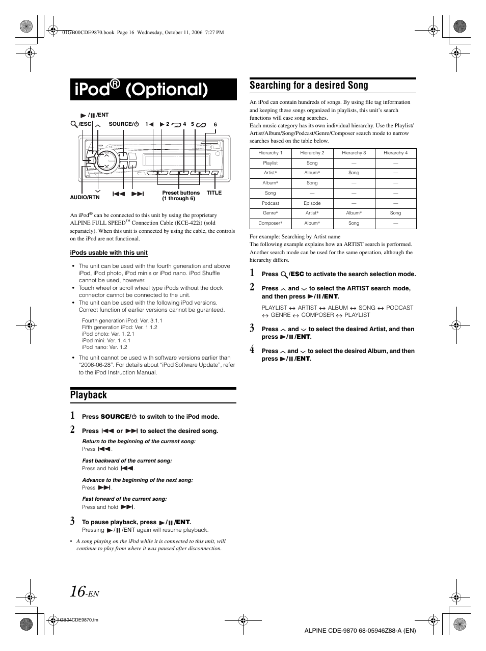 Ipod, Optional), Playback | Searching for a desired song | Alpine CDE-9870 User Manual | Page 18 / 84