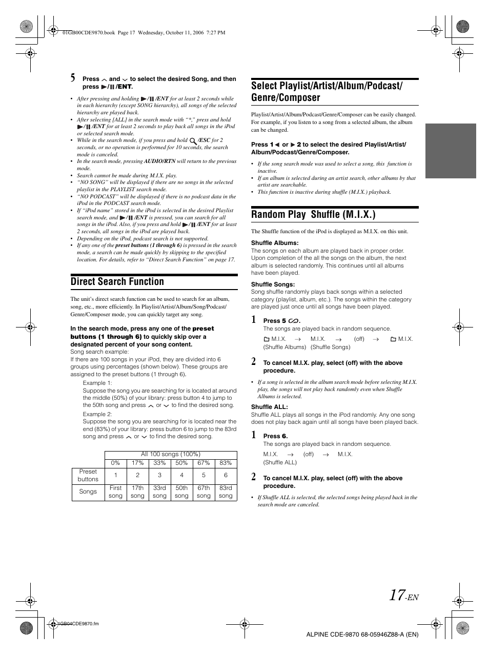 Direct search function, Random play shuffle (m.i.x.) | Alpine CDE-9870 User Manual | Page 19 / 84