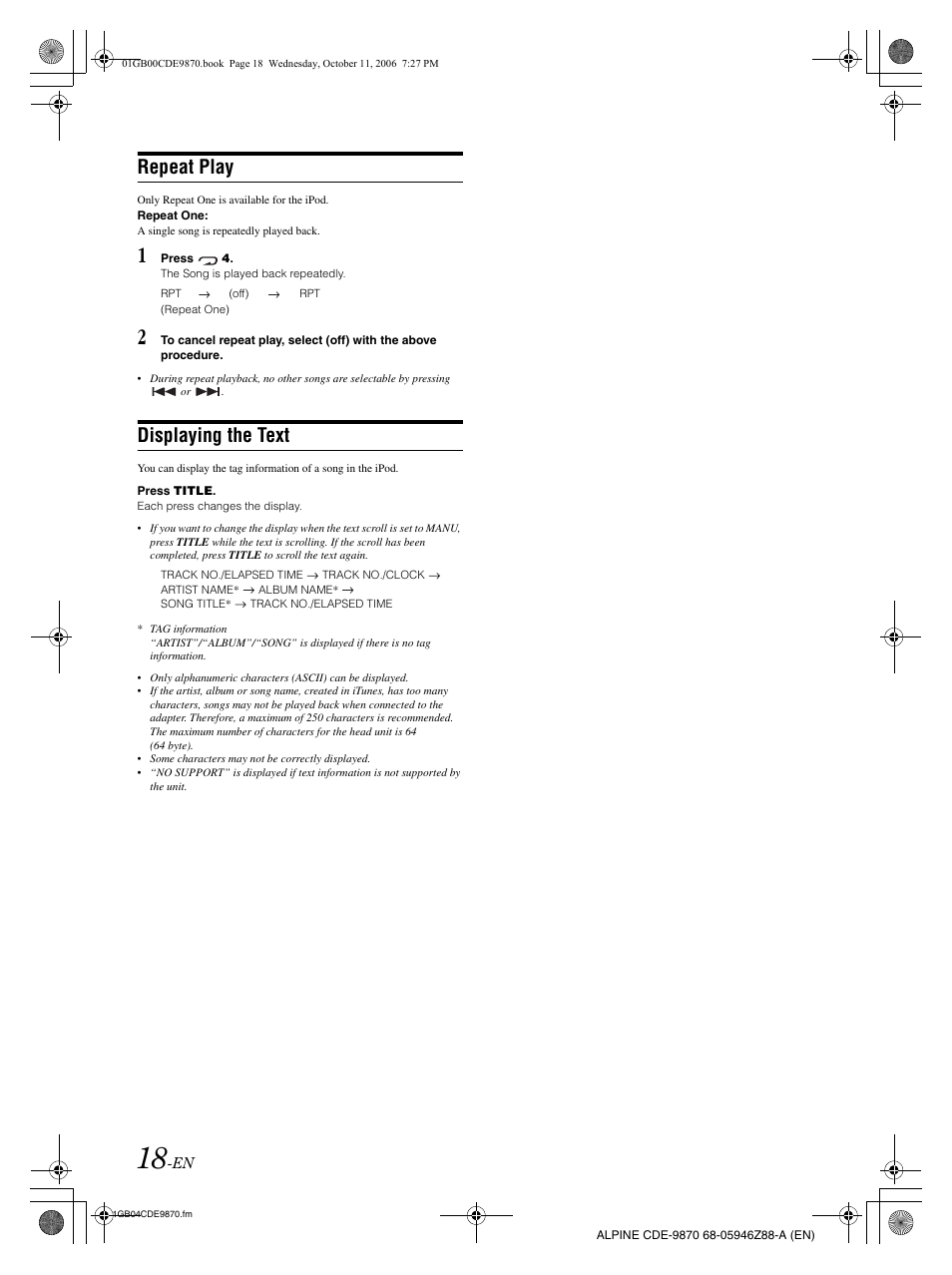 Repeat play, Displaying the text | Alpine CDE-9870 User Manual | Page 20 / 84