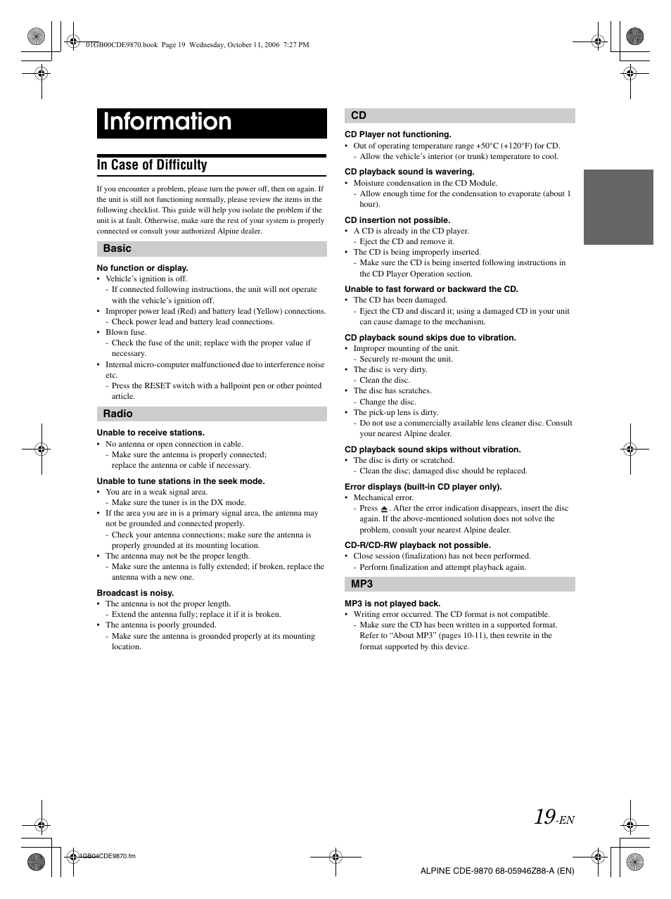 Information | Alpine CDE-9870 User Manual | Page 21 / 84