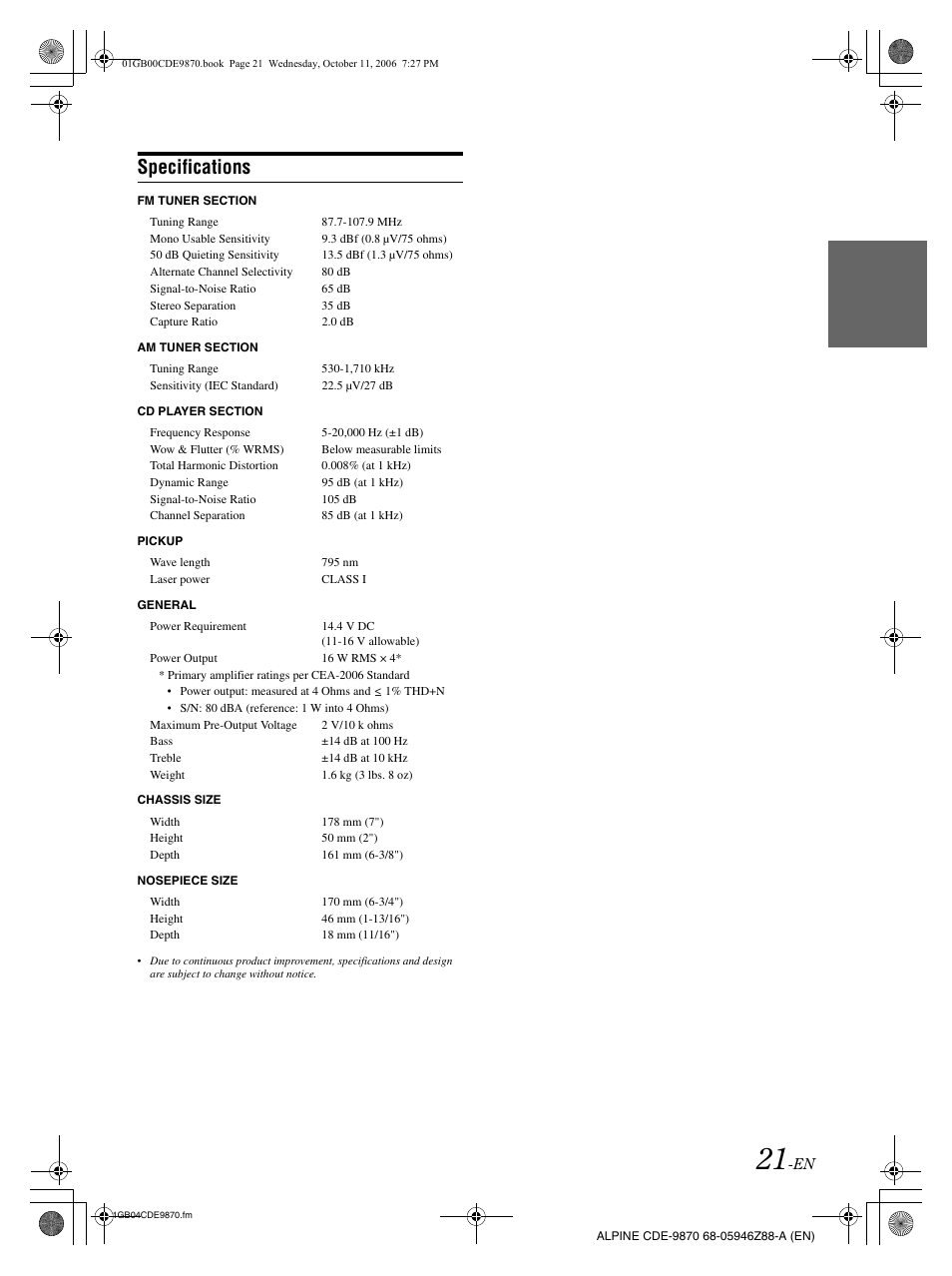 Specifications | Alpine CDE-9870 User Manual | Page 23 / 84