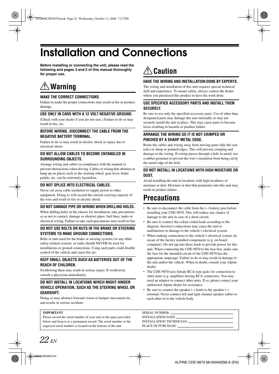 Installation and connections, Warning, Caution | Precautions | Alpine CDE-9870 User Manual | Page 24 / 84