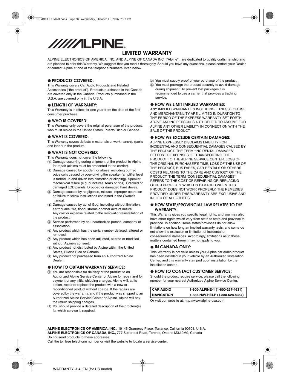 Limited warranty | Alpine CDE-9870 User Manual | Page 29 / 84