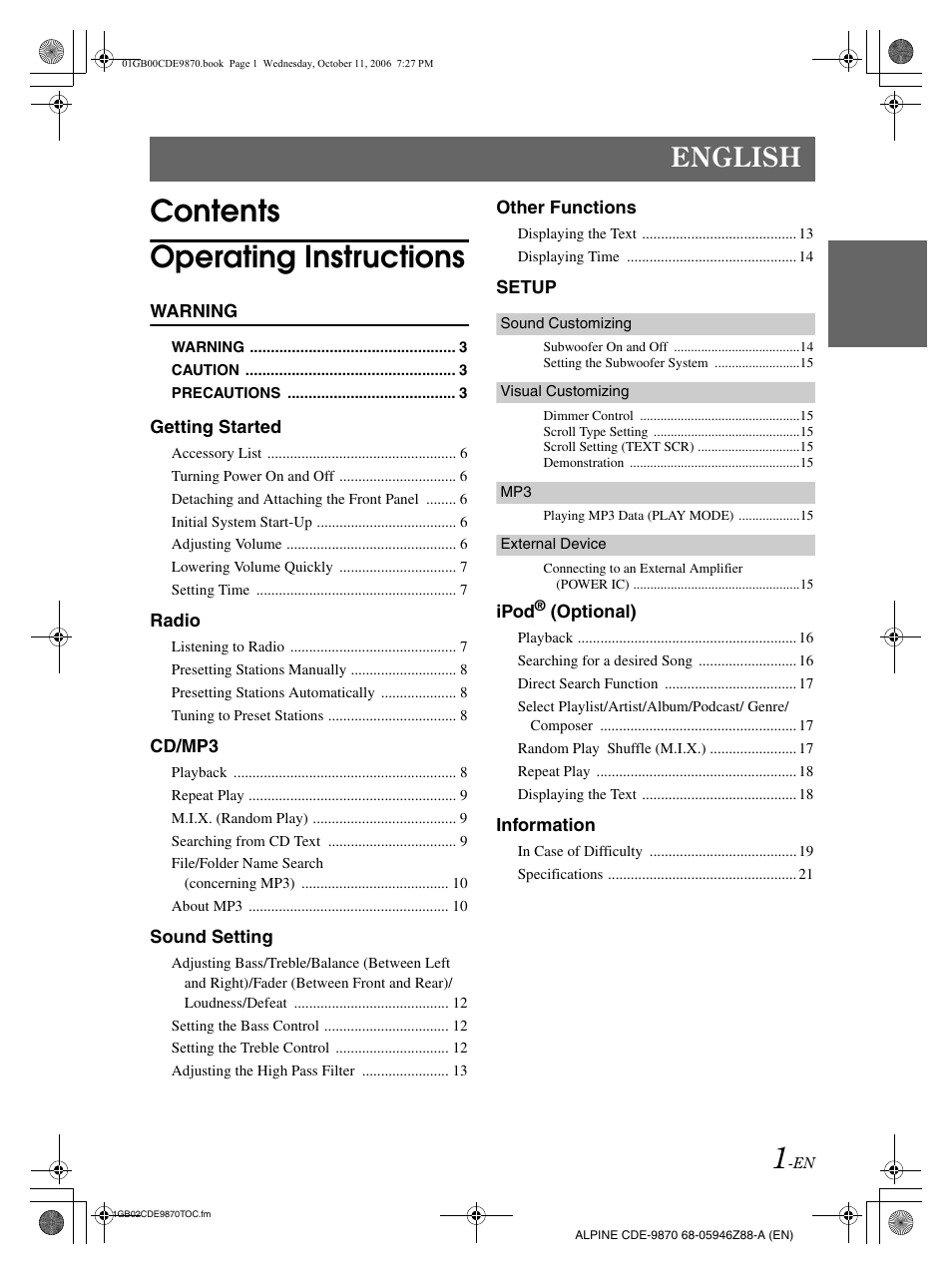 Contents operating instructions, English | Alpine CDE-9870 User Manual | Page 3 / 84