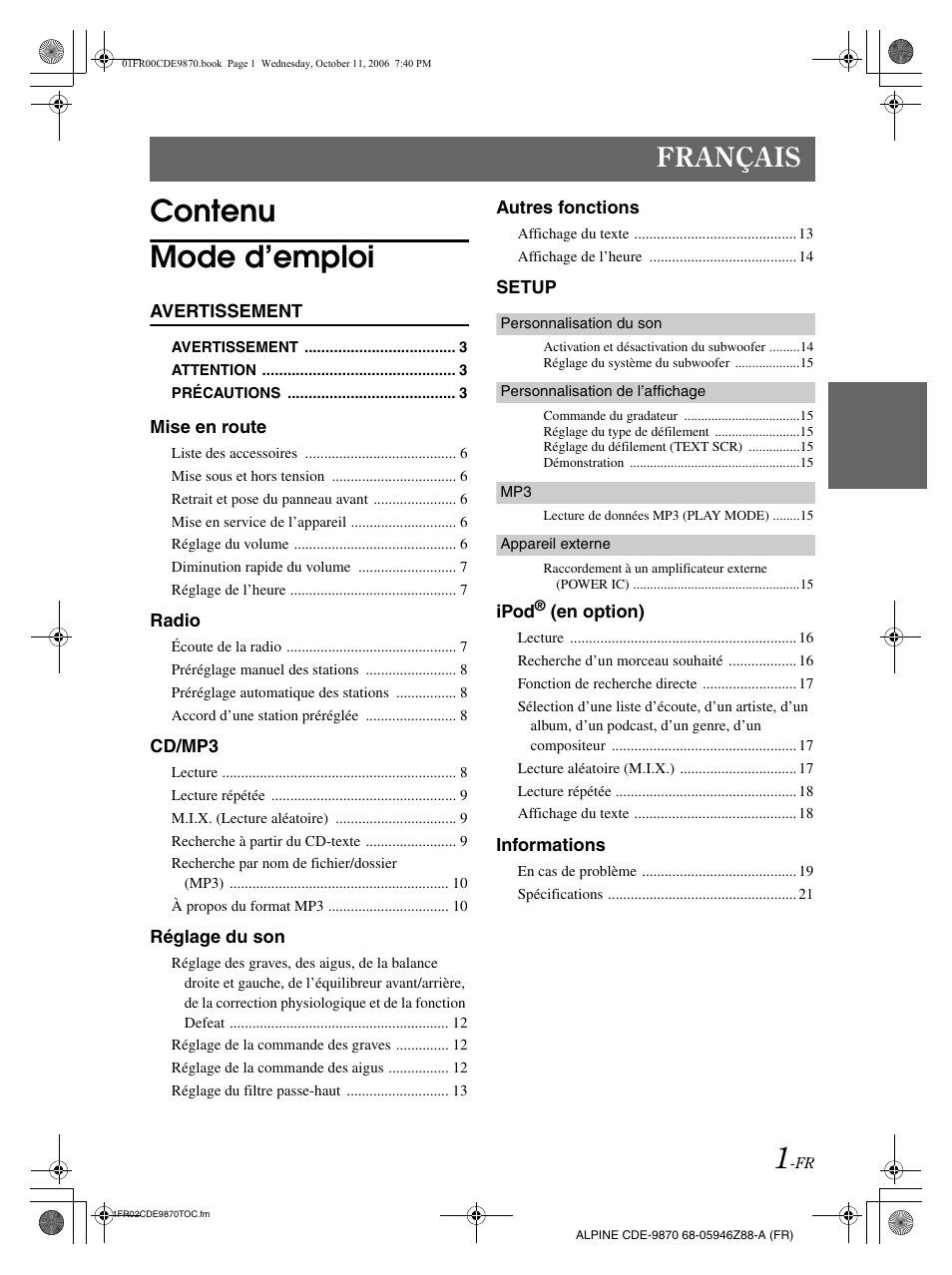 Contenu mode d’emploi, Français | Alpine CDE-9870 User Manual | Page 30 / 84