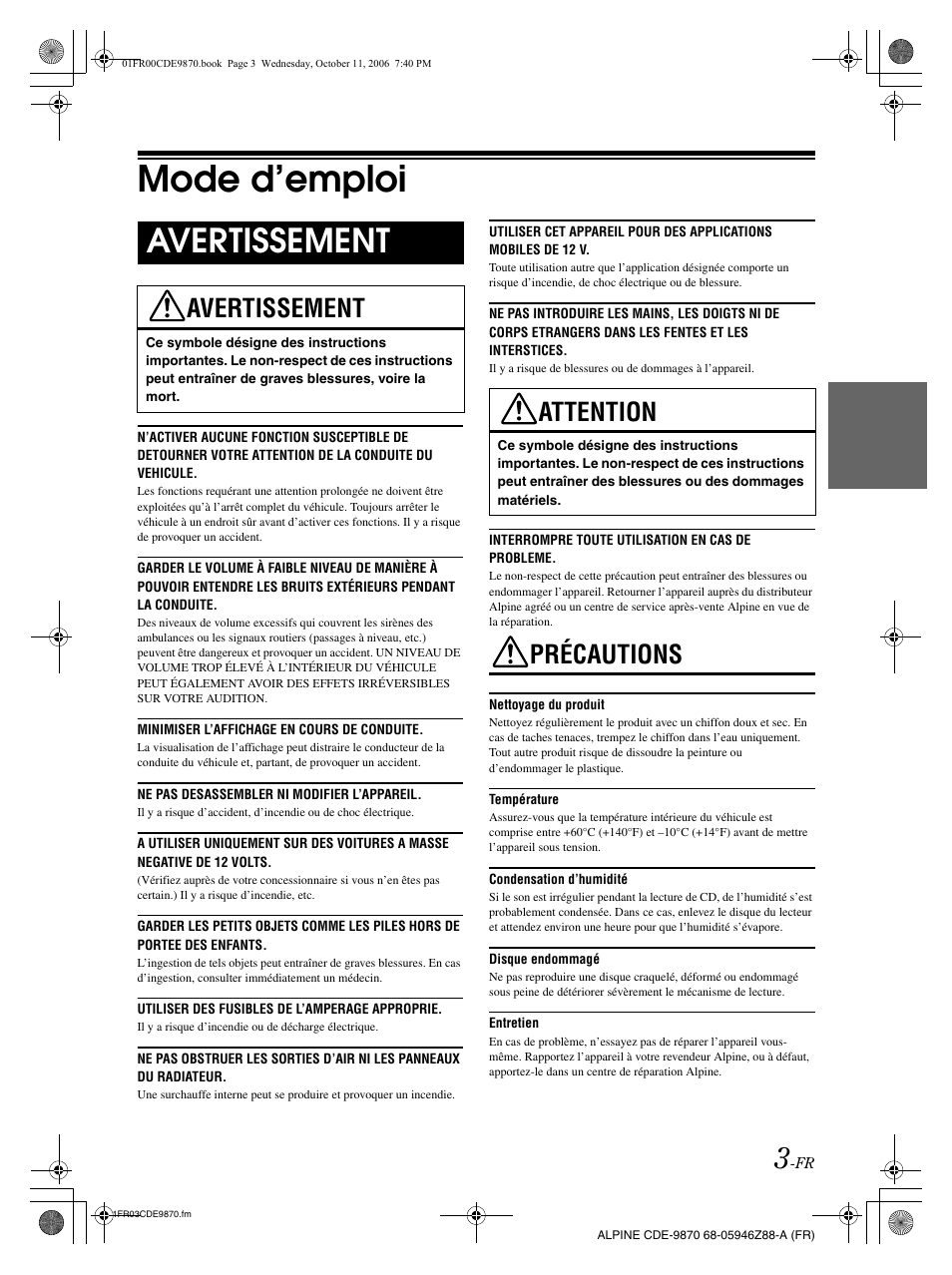 Mode d’emploi, Avertissement, Précautions | Attention | Alpine CDE-9870 User Manual | Page 32 / 84