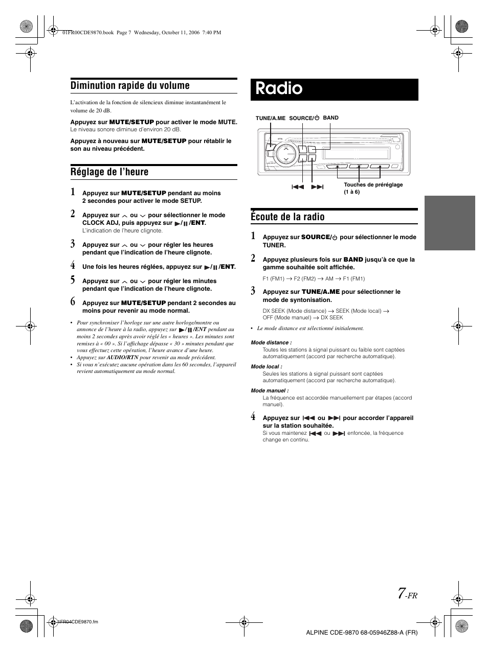 Radio, Diminution rapide du volume, Réglage de l’heure | Écoute de la radio | Alpine CDE-9870 User Manual | Page 36 / 84