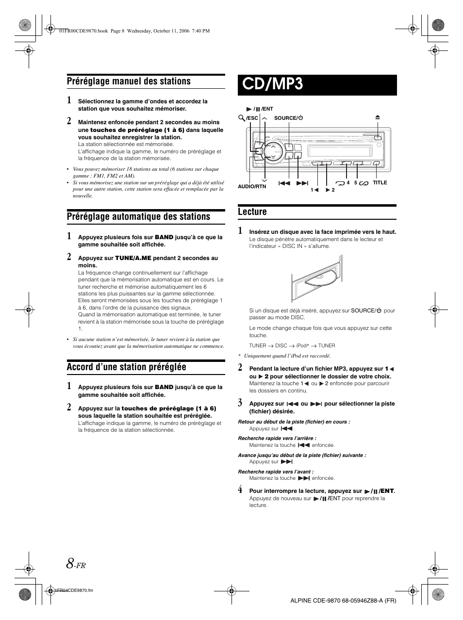 Cd/mp3, Préréglage manuel des stations, Préréglage automatique des stations | Accord d’une station préréglée, Lecture | Alpine CDE-9870 User Manual | Page 37 / 84