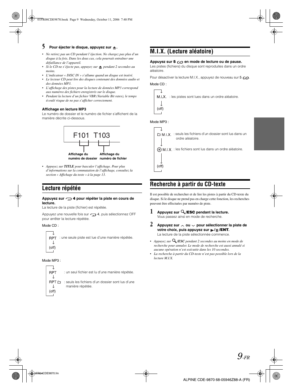 Lecture répétée, M.i.x. (lecture aléatoire), Recherche à partir du cd-texte | Alpine CDE-9870 User Manual | Page 38 / 84