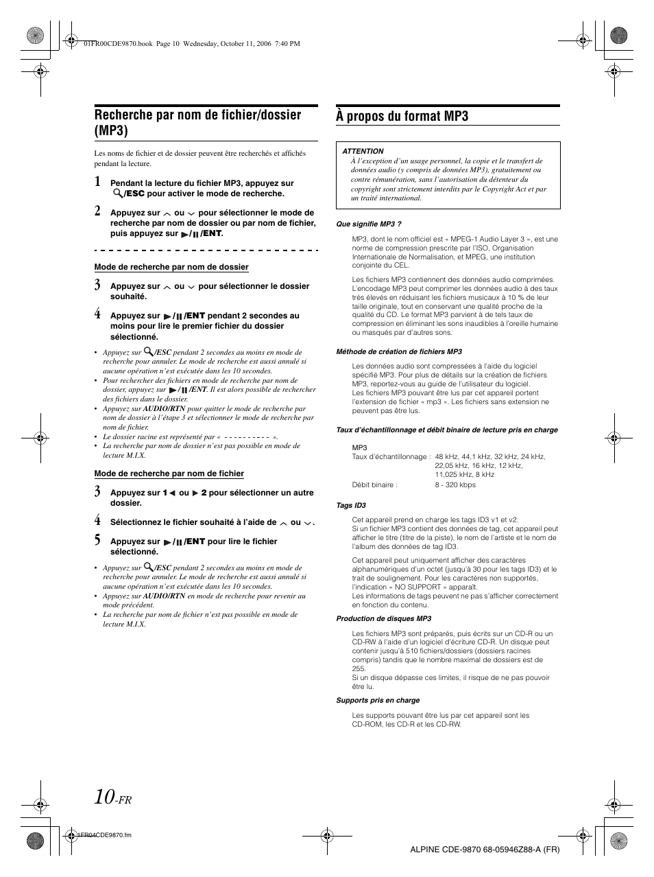 Recherche par nom de fichier/dossier (mp3), À propos du format mp3 | Alpine CDE-9870 User Manual | Page 39 / 84