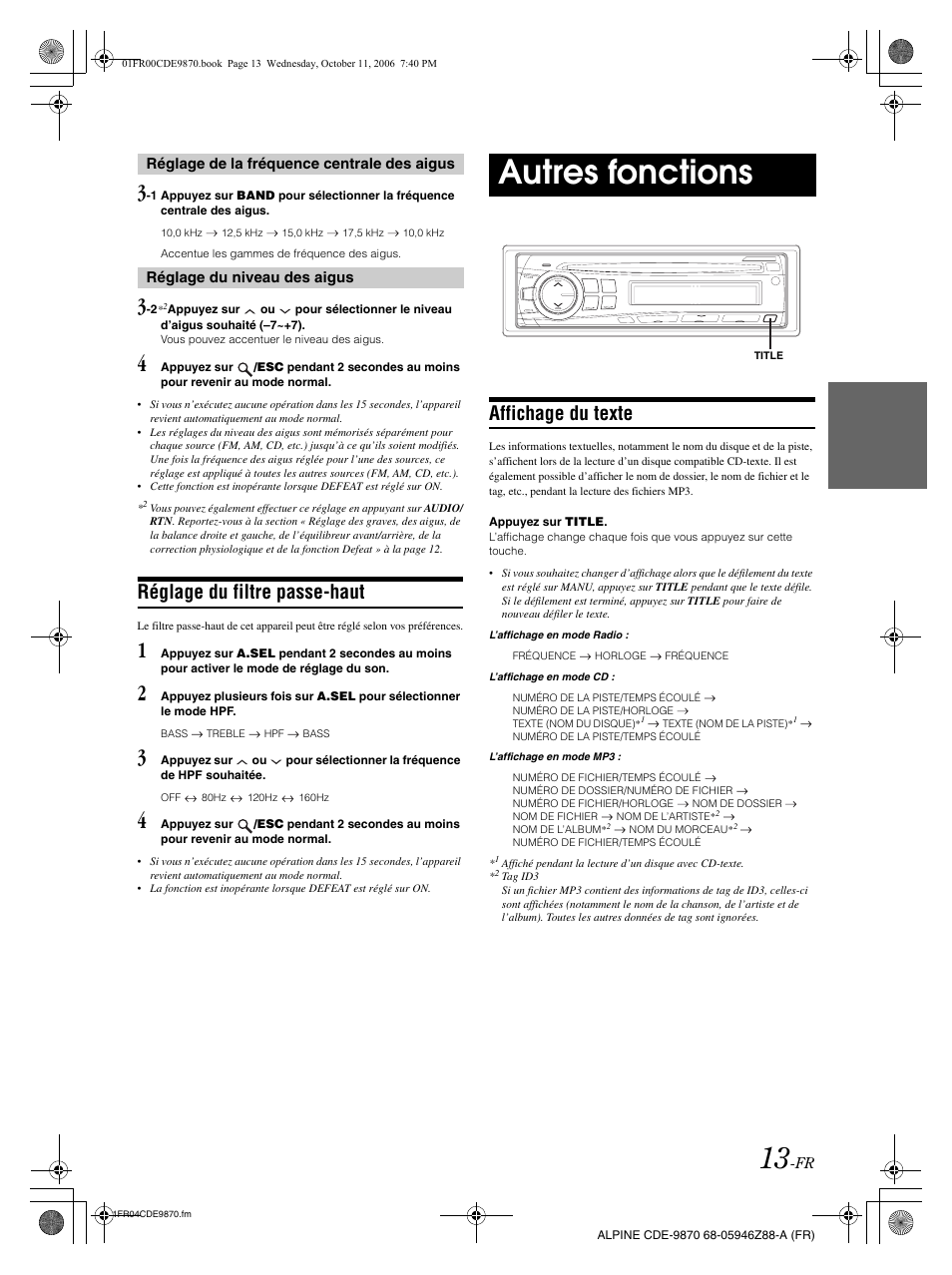 Autres fonctions, Réglage du filtre passe-haut, Affichage du texte | Alpine CDE-9870 User Manual | Page 42 / 84