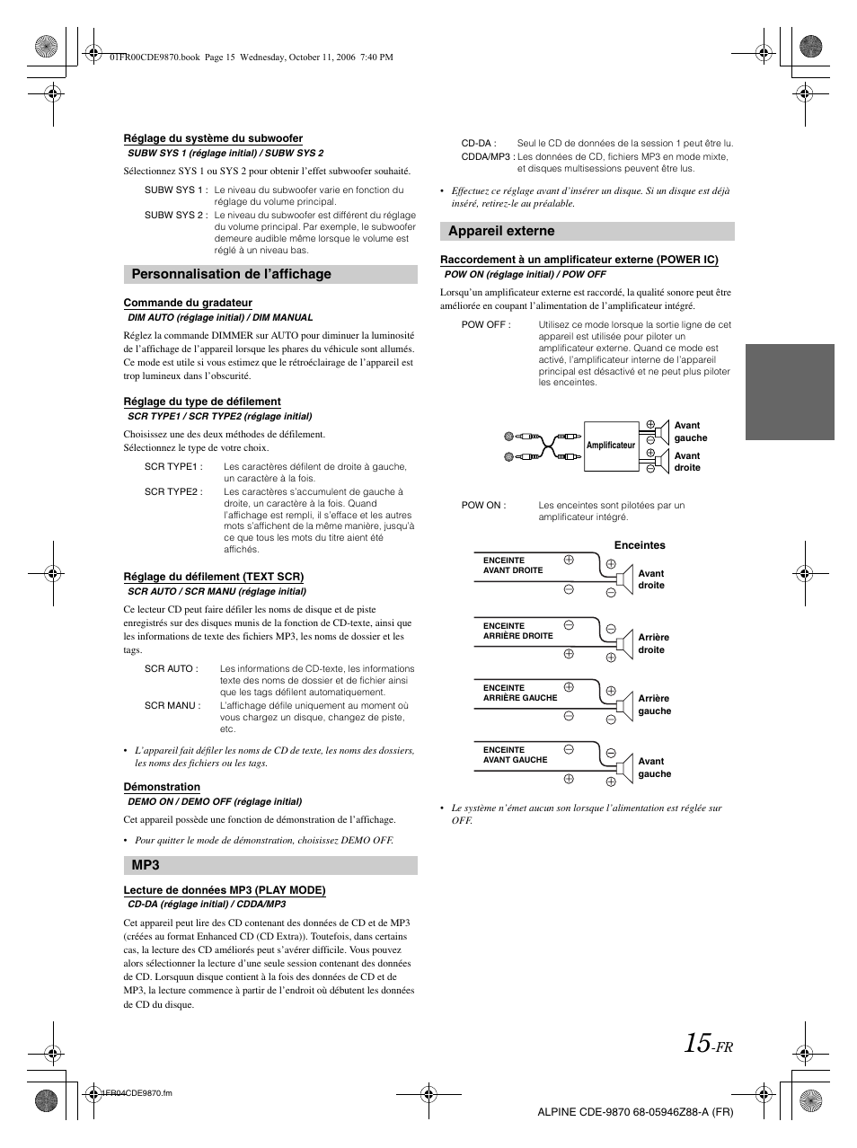 Personnalisation de l’affichage, Appareil externe | Alpine CDE-9870 User Manual | Page 44 / 84