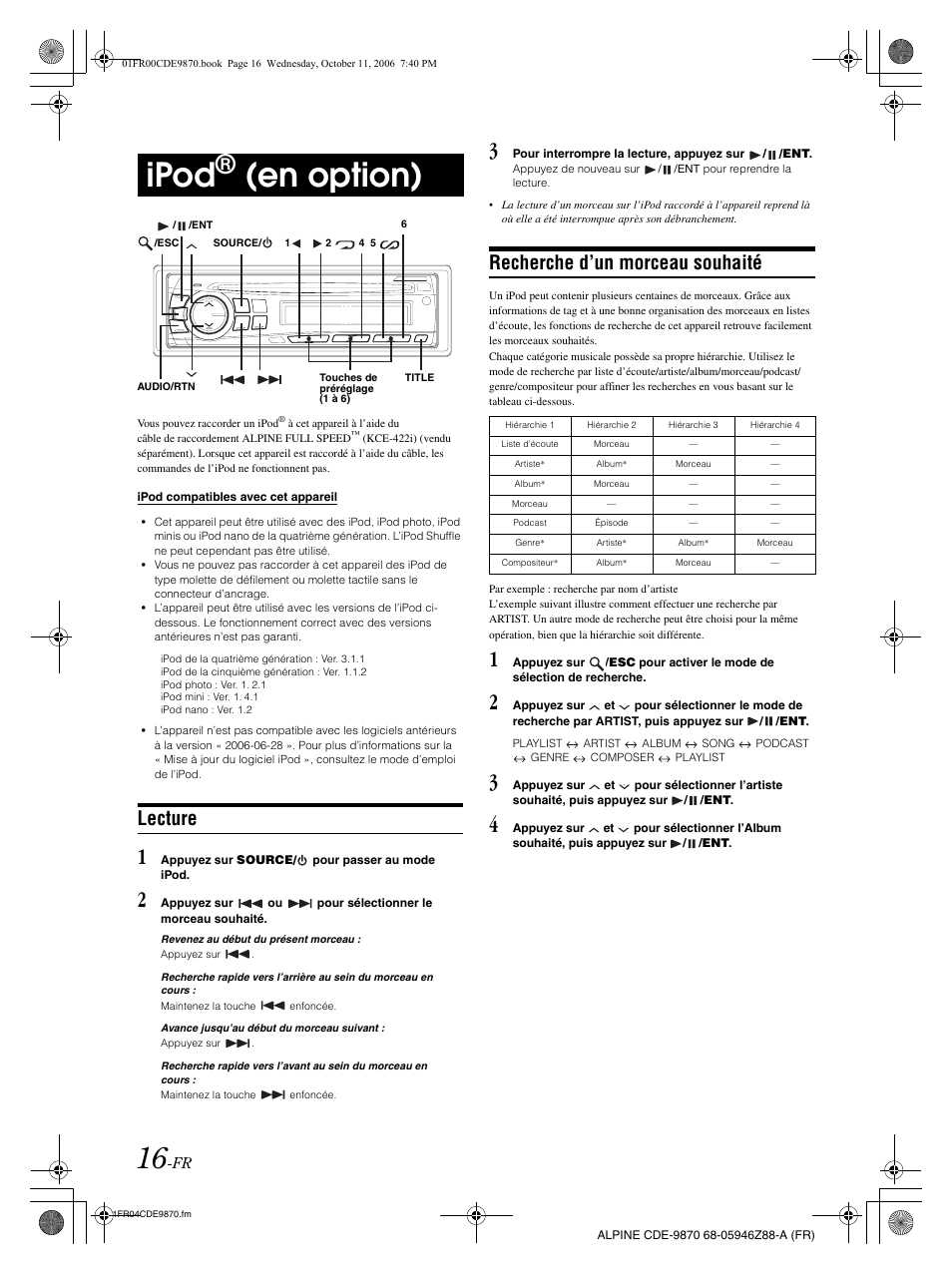 Ipod, En option), Lecture | Recherche d’un morceau souhaité | Alpine CDE-9870 User Manual | Page 45 / 84