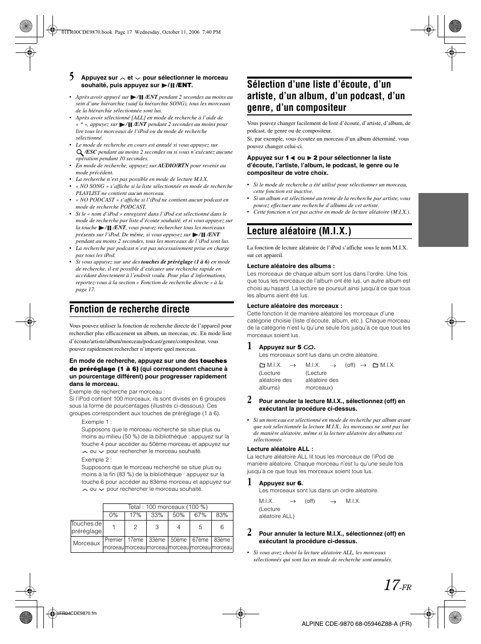 Fonction de recherche directe, Lecture aléatoire (m.i.x.) | Alpine CDE-9870 User Manual | Page 46 / 84