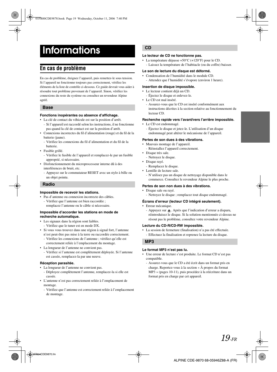 Informations, En cas de problème | Alpine CDE-9870 User Manual | Page 48 / 84