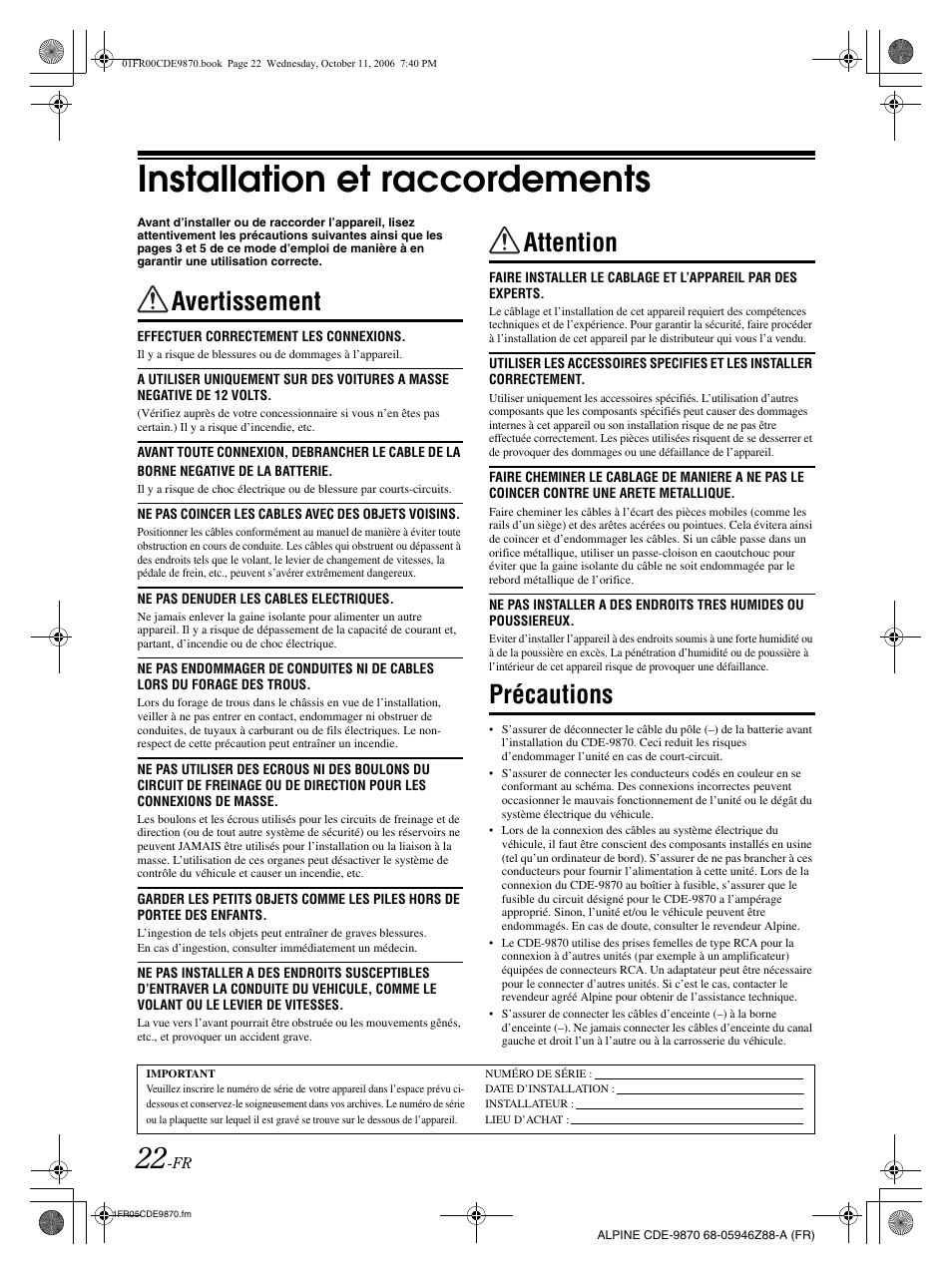 Installation et raccordements, Avertissement, Attention | Précautions | Alpine CDE-9870 User Manual | Page 51 / 84