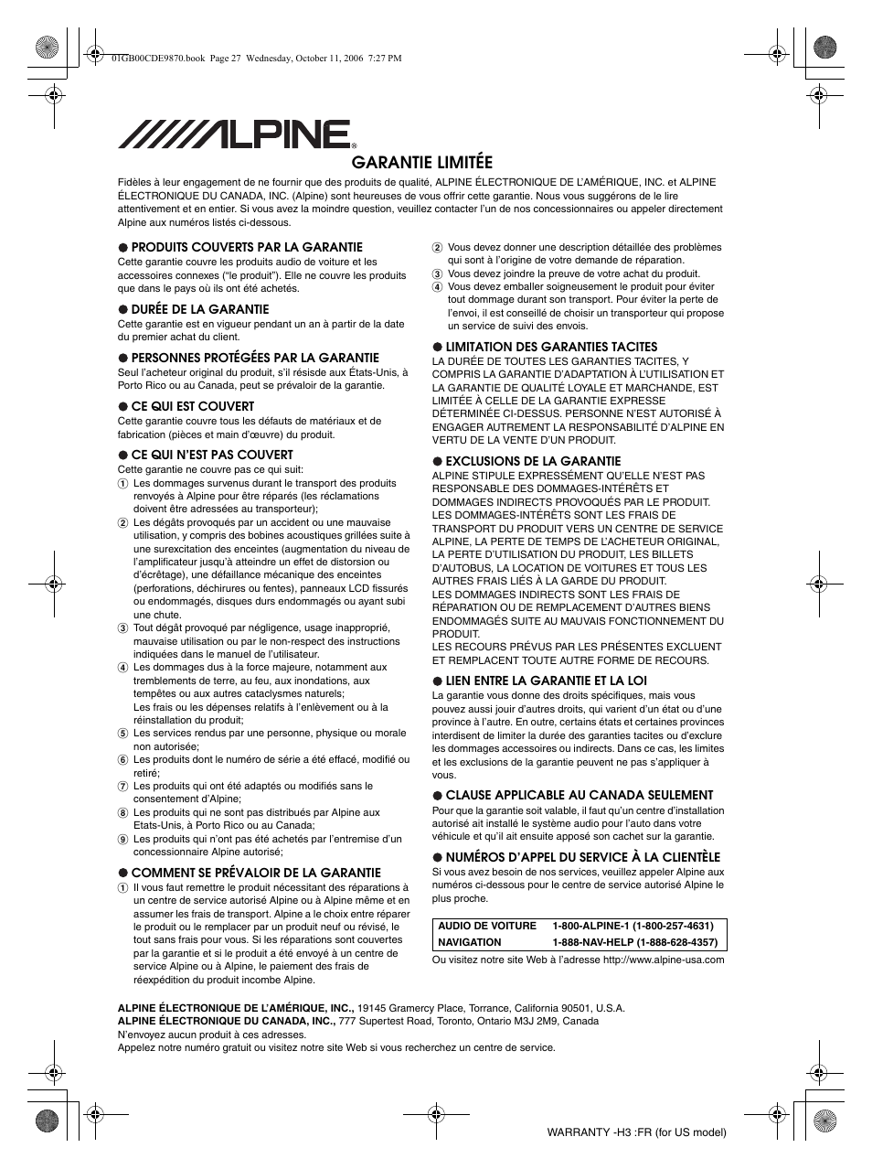 Garantie limitée | Alpine CDE-9870 User Manual | Page 56 / 84
