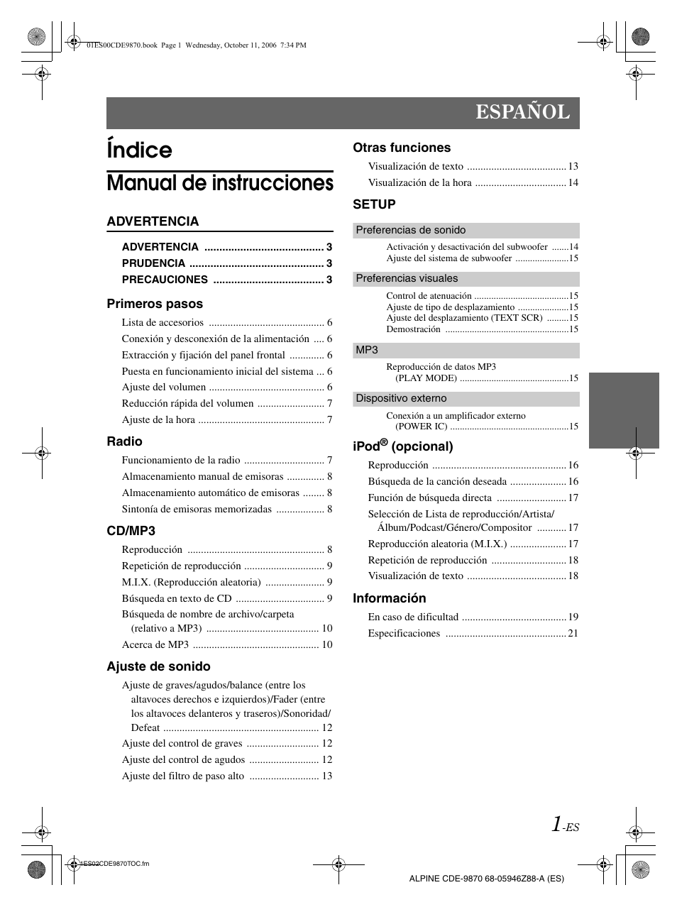 Índice manual de instrucciones, Español | Alpine CDE-9870 User Manual | Page 57 / 84