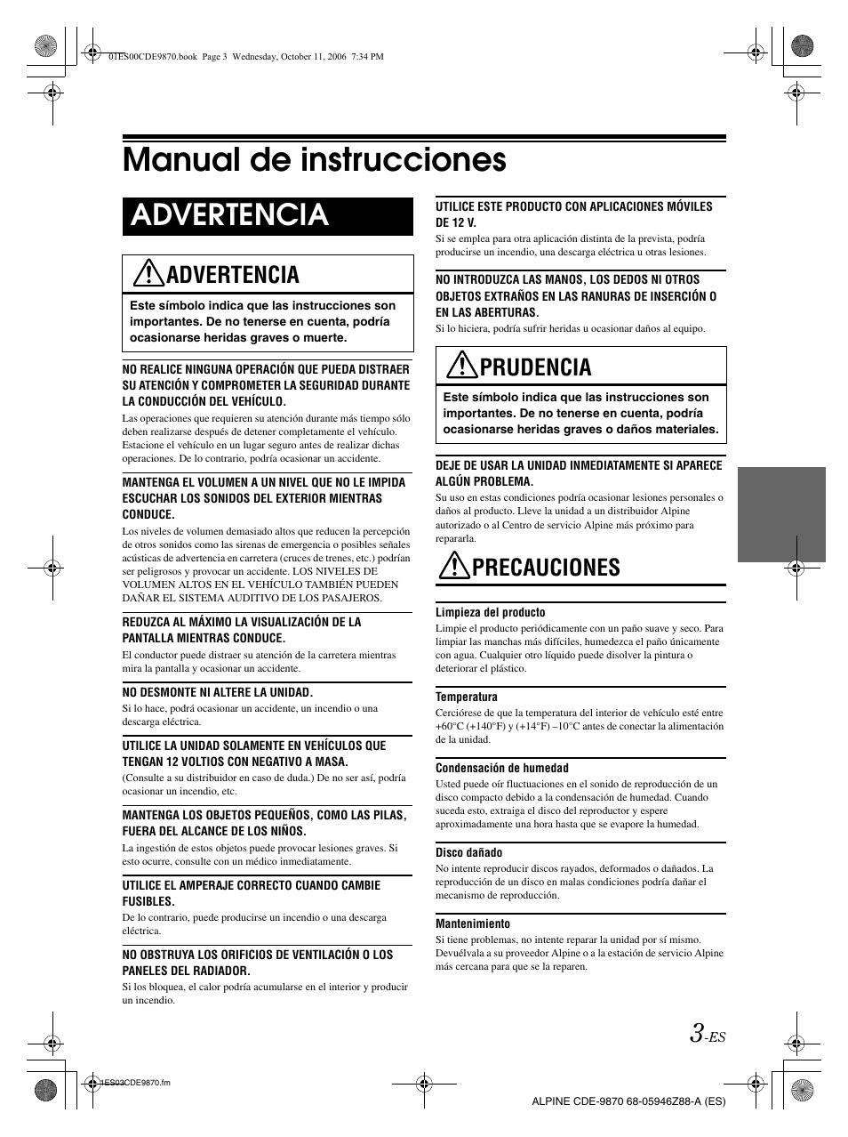 Manual de instrucciones, Advertencia, Precauciones | Prudencia | Alpine CDE-9870 User Manual | Page 59 / 84