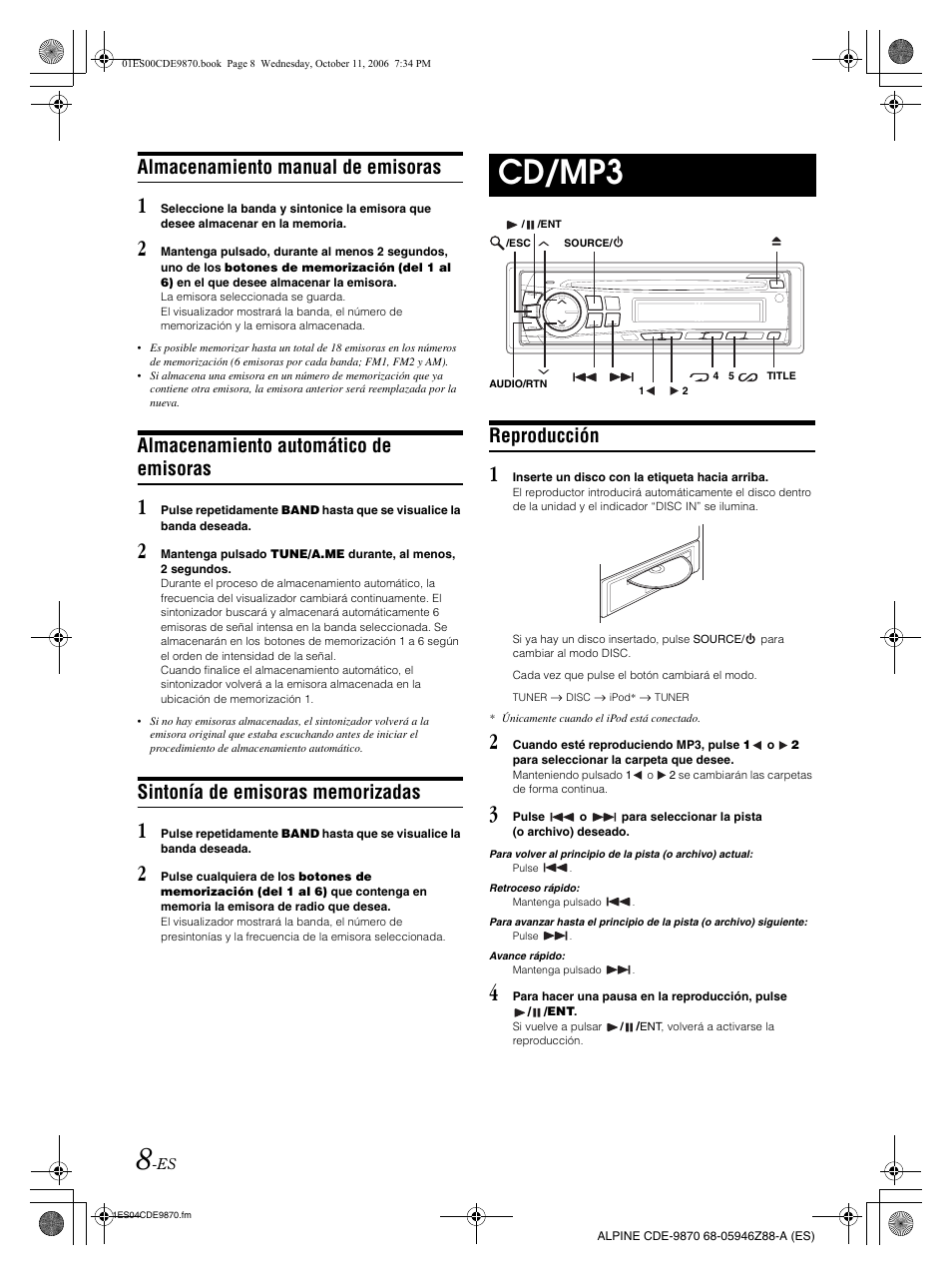 Cd/mp3, Almacenamiento manual de emisoras, Almacenamiento automático de emisoras | Reproducción | Alpine CDE-9870 User Manual | Page 64 / 84