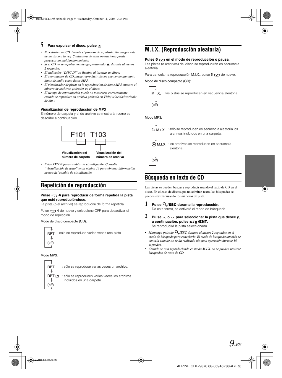 Repetición de reproducción, M.i.x. (reproducción aleatoria), Búsqueda en texto de cd | Alpine CDE-9870 User Manual | Page 65 / 84