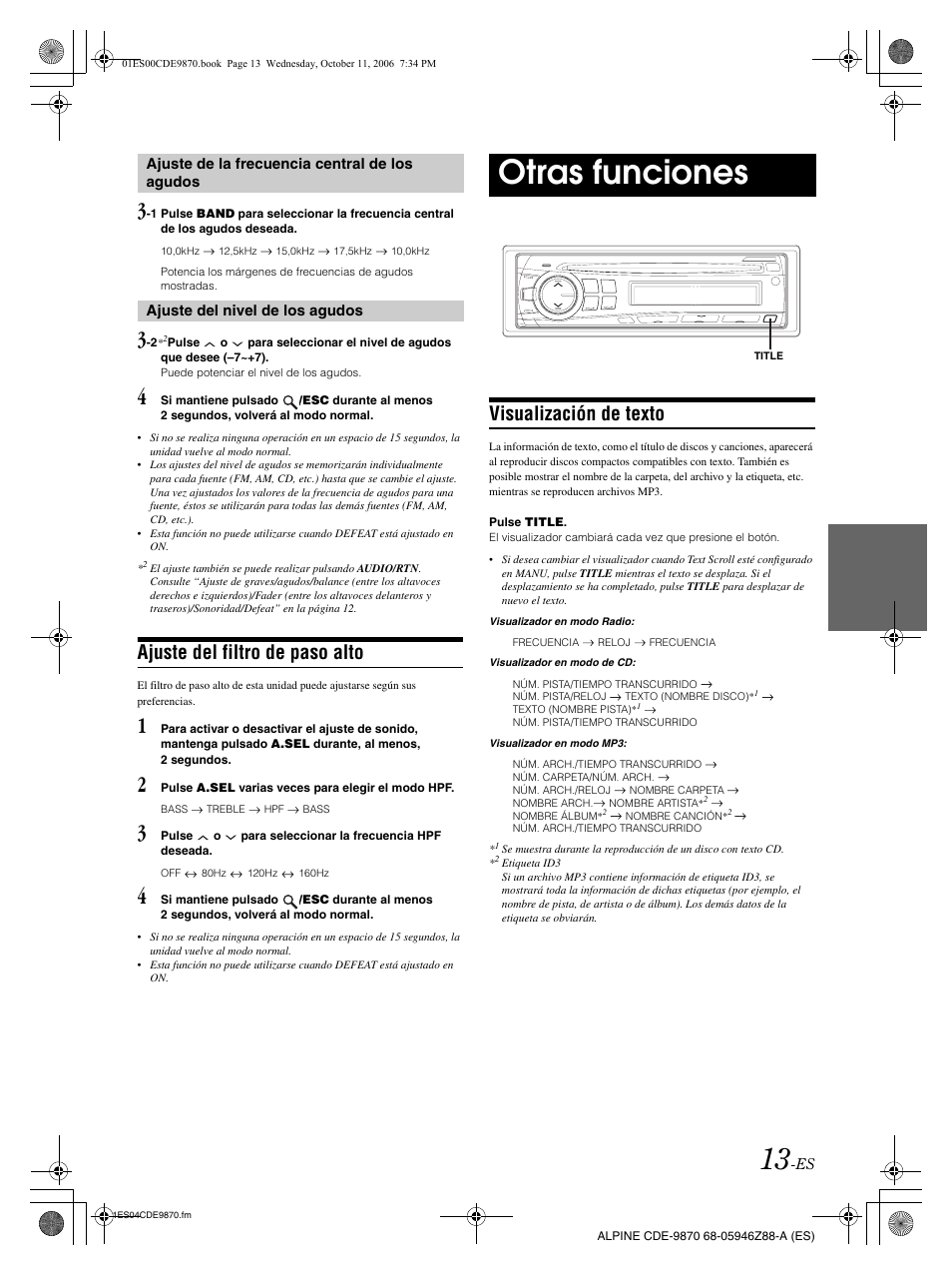 Otras funciones, Ajuste del filtro de paso alto, Visualización de texto | Alpine CDE-9870 User Manual | Page 69 / 84