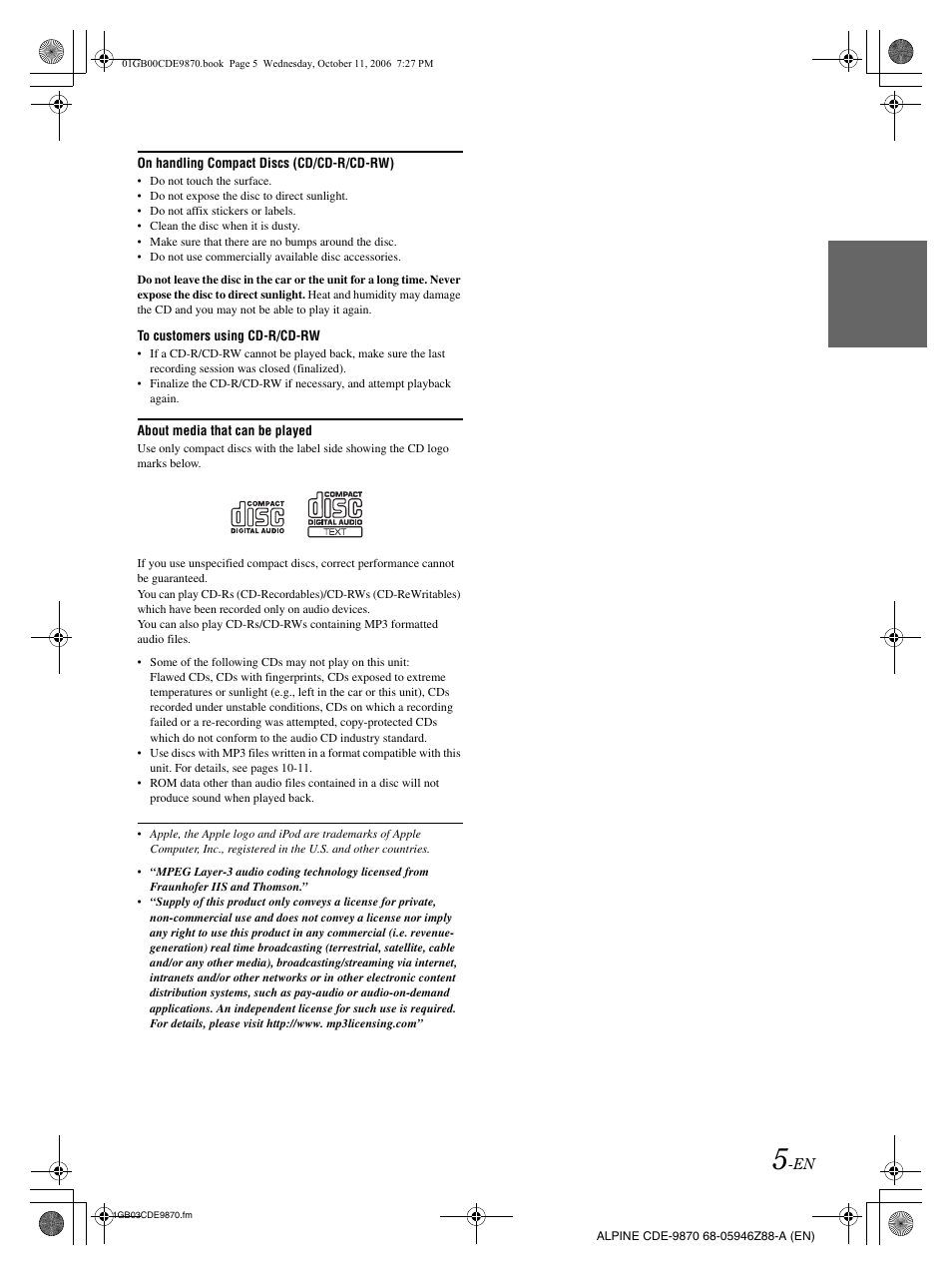 Alpine CDE-9870 User Manual | Page 7 / 84