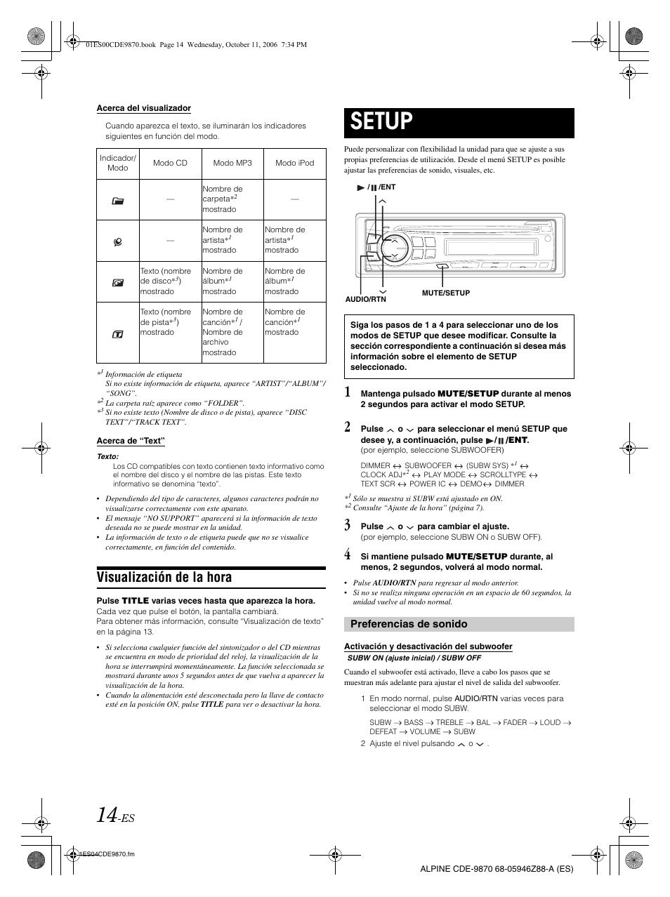 Setup, Visualización de la hora, Preferencias de sonido | Alpine CDE-9870 User Manual | Page 70 / 84