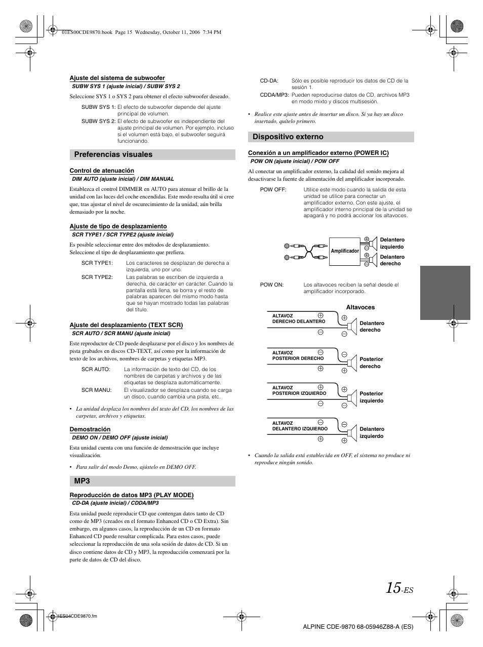 Preferencias visuales, Dispositivo externo | Alpine CDE-9870 User Manual | Page 71 / 84