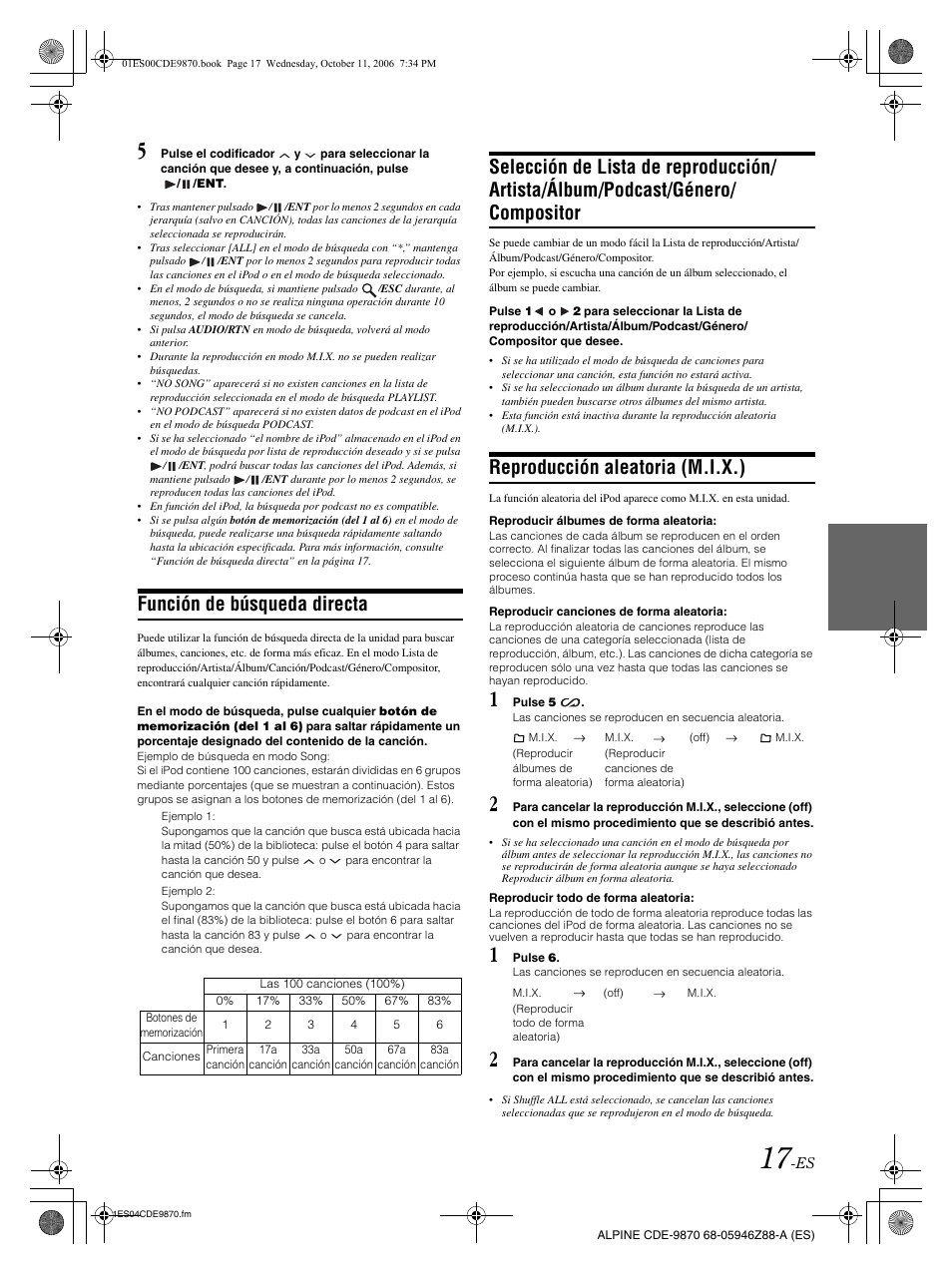 Función de búsqueda directa, Reproducción aleatoria (m.i.x.) | Alpine CDE-9870 User Manual | Page 73 / 84