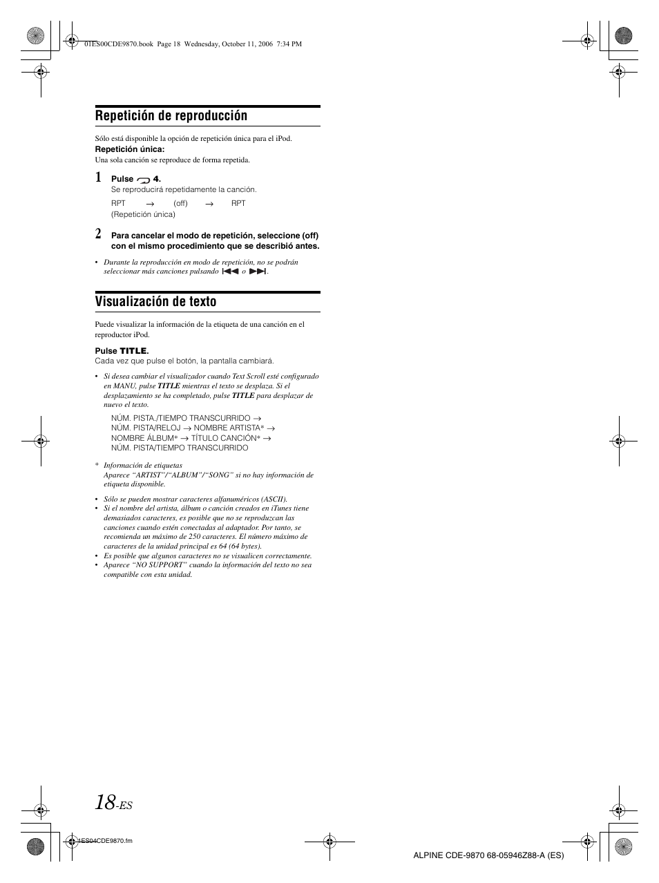 Repetición de reproducción, Visualización de texto | Alpine CDE-9870 User Manual | Page 74 / 84