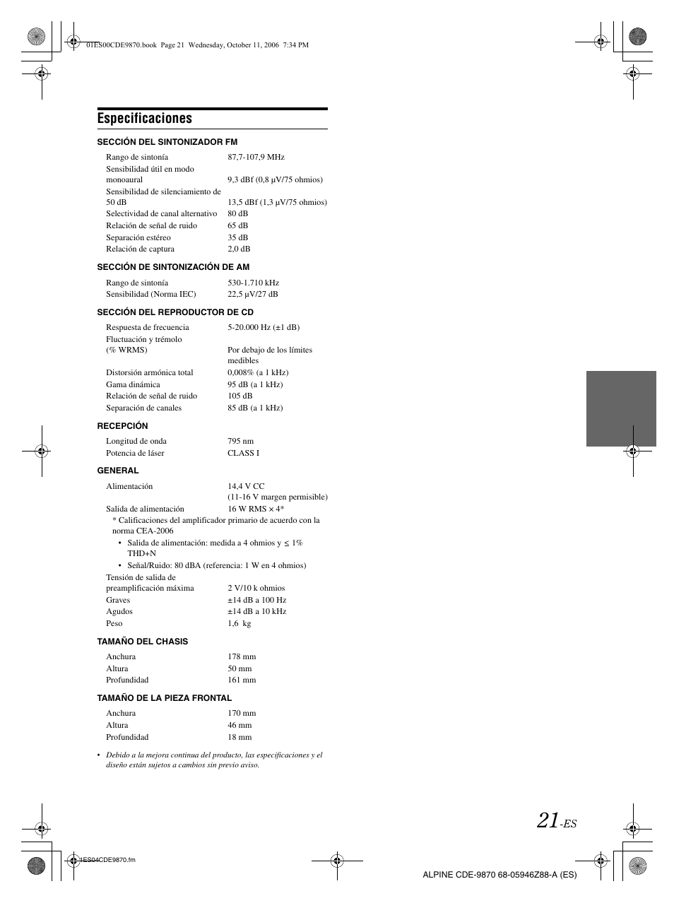 Especificaciones | Alpine CDE-9870 User Manual | Page 77 / 84