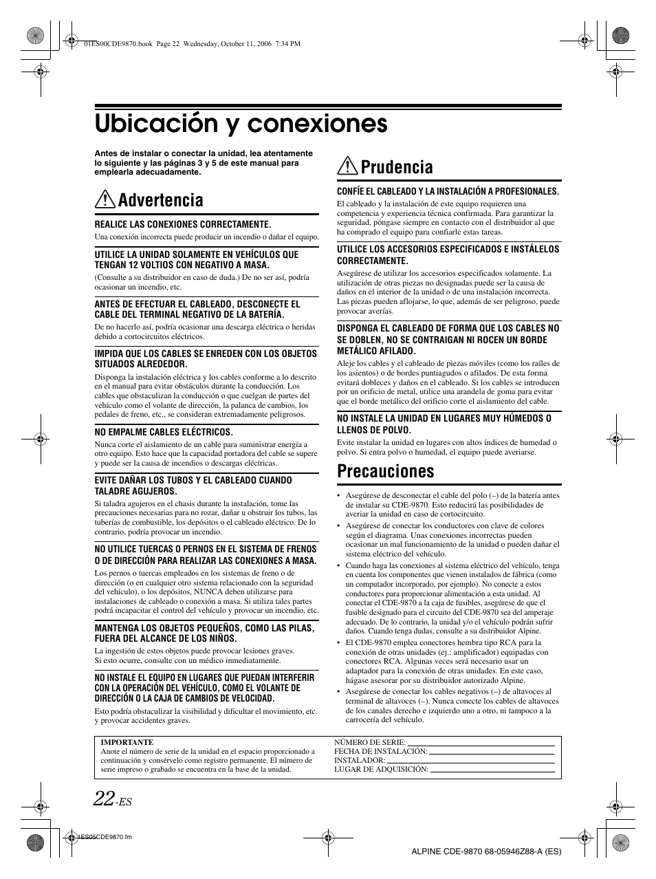 Ubicación y conexiones, Advertencia, Prudencia | Precauciones | Alpine CDE-9870 User Manual | Page 78 / 84