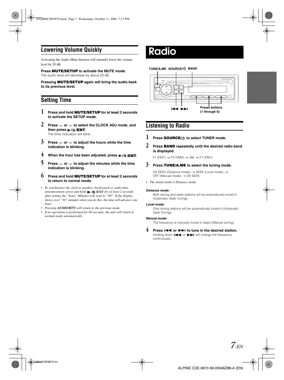 Radio, Lowering volume quickly, Setting time | Listening to radio | Alpine CDE-9870 User Manual | Page 9 / 84
