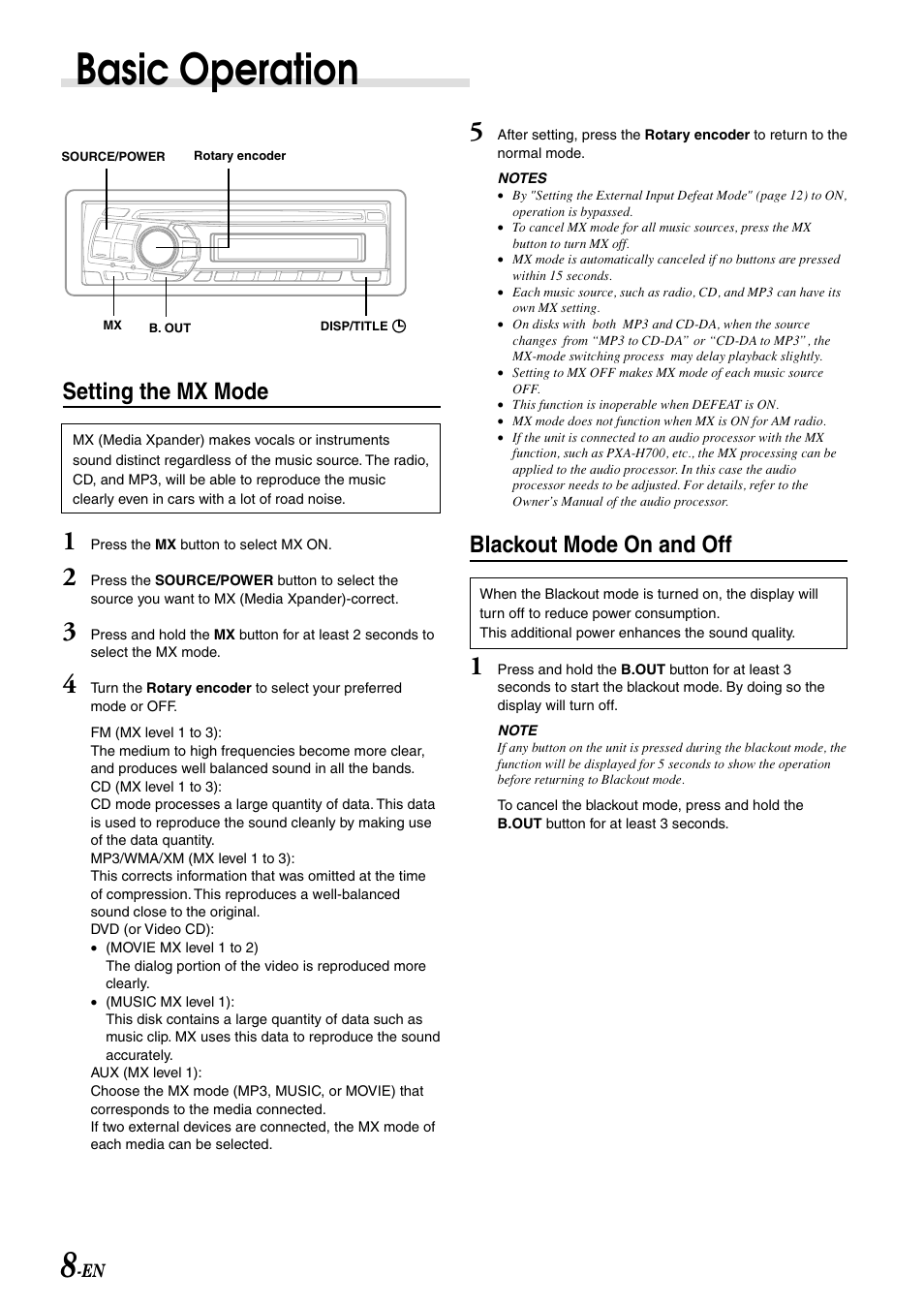 Mx (media expander) mode, Blackout mode, Basic operation | Setting the mx mode, Blackout mode on and off | Alpine CDA-9807 User Manual | Page 10 / 41