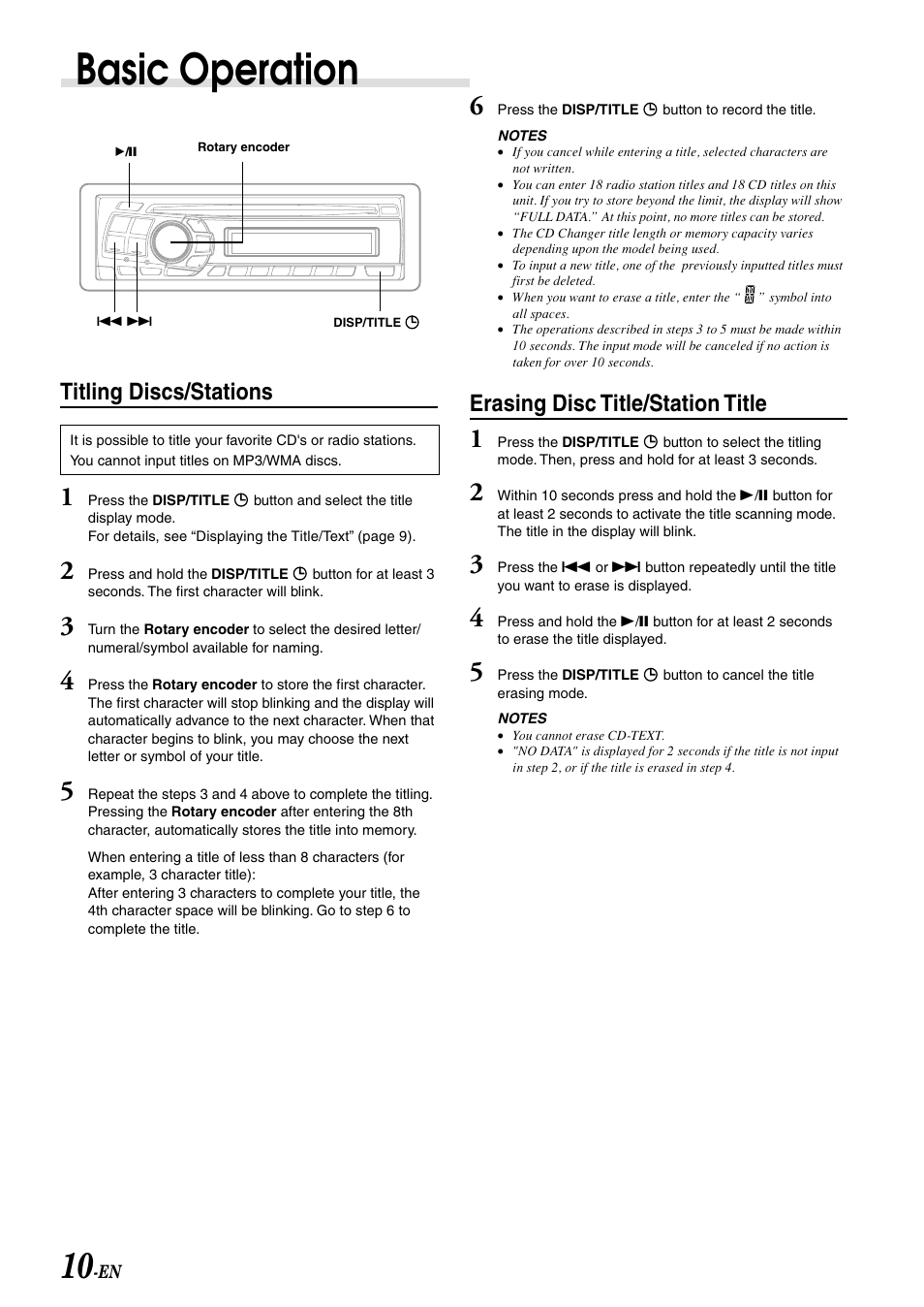 Titling discs / stations, Basic operation, Titling discs/stations | Erasing disc title/station title | Alpine CDA-9807 User Manual | Page 12 / 41