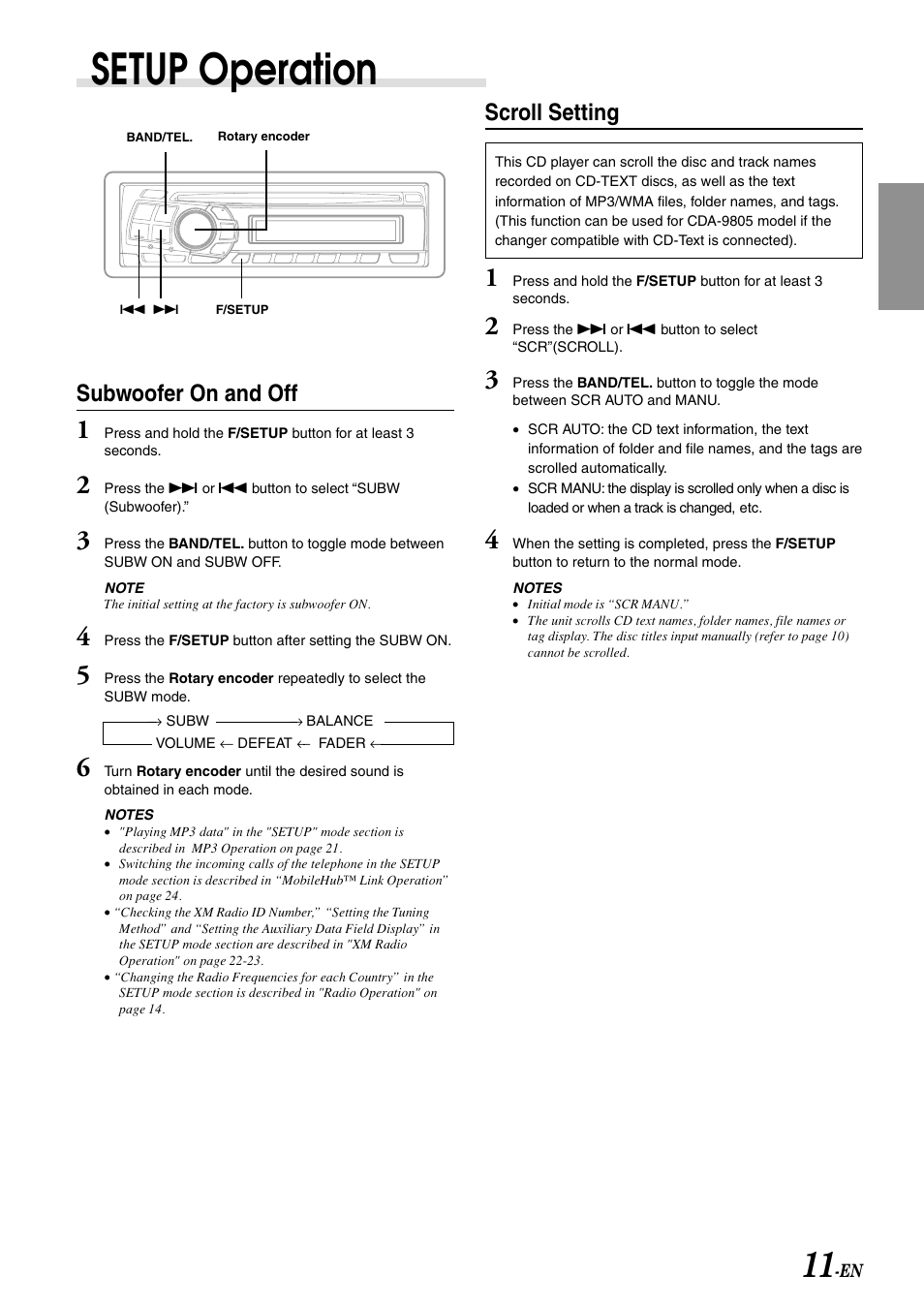 Subwoofer on / off, Text scroll, Setup operation | Subwoofer on and off, Scroll setting | Alpine CDA-9807 User Manual | Page 13 / 41