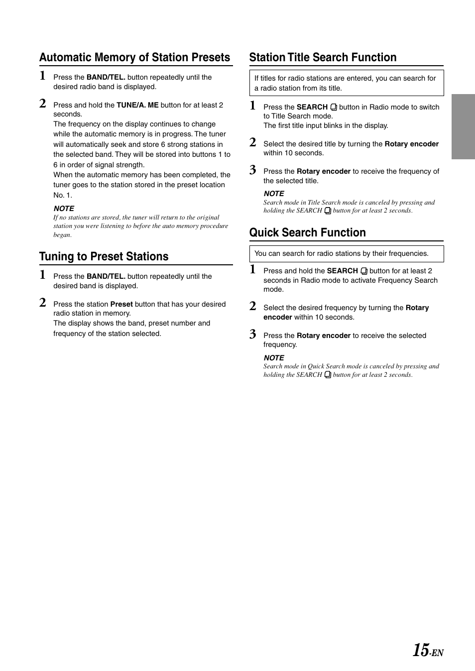 Tuning to preset stations, Station title search function, Quick search function | Alpine CDA-9807 User Manual | Page 17 / 41