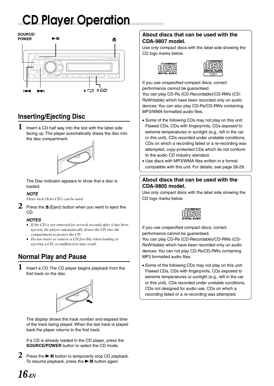 Cd mode, Cd player operation, Inserting/ejecting disc | Normal play and pause | Alpine CDA-9807 User Manual | Page 18 / 41