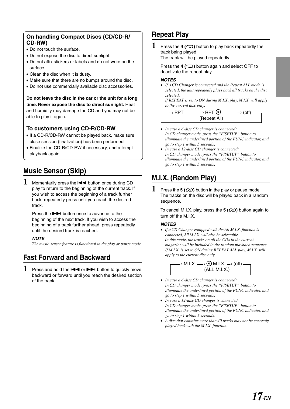 Music sensor (skip), Fast forward and backward, Repeat play | M.i.x. (random play) | Alpine CDA-9807 User Manual | Page 19 / 41