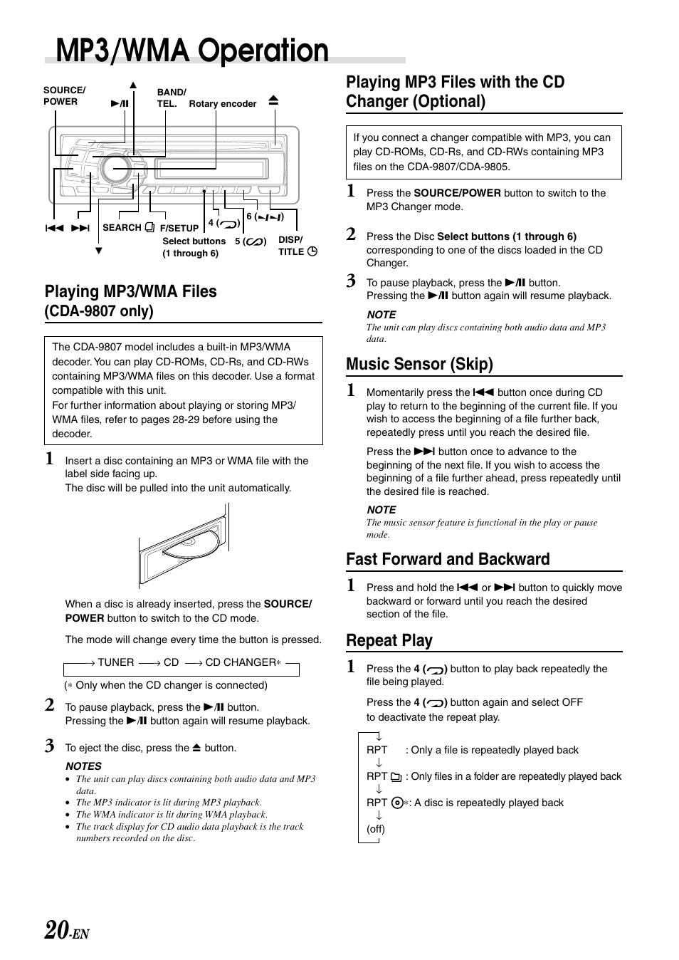 Mp3 / wma mode, Mp3/wma operation, Playing mp3/wma files | Playing mp3 files with the cd changer (optional), Music sensor (skip), Fast forward and backward, Repeat play, Cda-9807 only) | Alpine CDA-9807 User Manual | Page 22 / 41