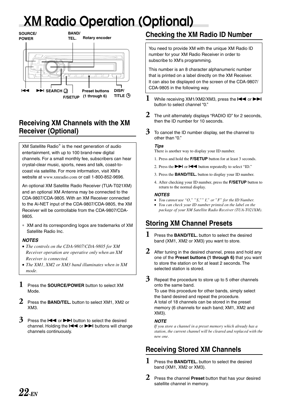 Xm radio mode, Xm radio operation (optional), Checking the xm radio id number | Storing xm channel presets, Receiving stored xm channels | Alpine CDA-9807 User Manual | Page 24 / 41