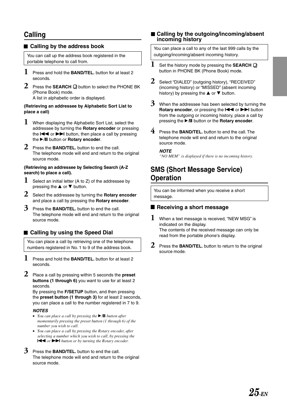 Calling, Sms (short message service) operation | Alpine CDA-9807 User Manual | Page 27 / 41