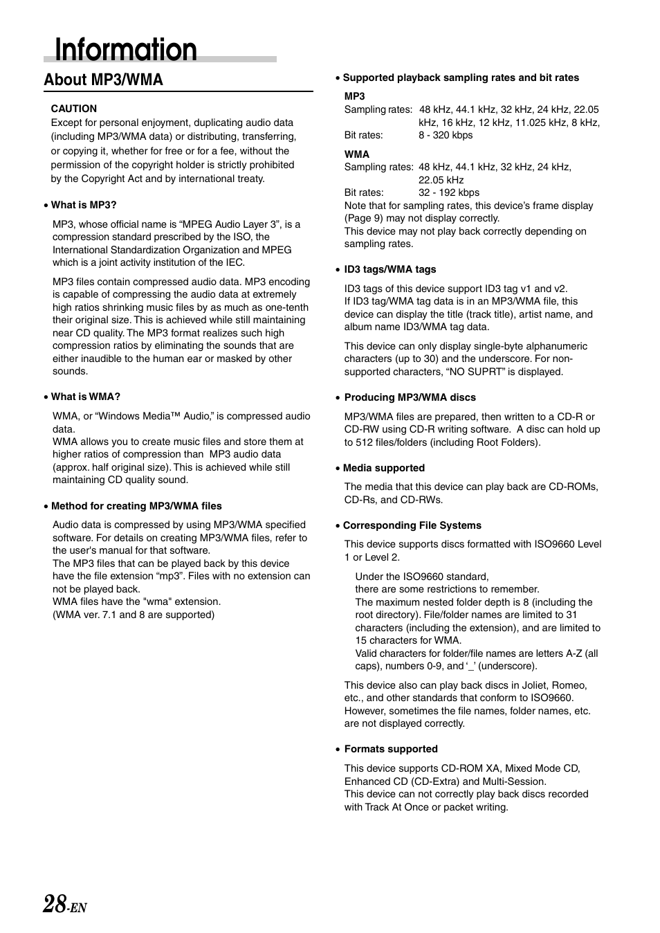 Mp3 / wma info, Information, About mp3/wma | Alpine CDA-9807 User Manual | Page 30 / 41