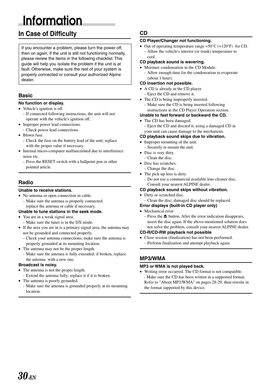 Troubleshooting, Information | Alpine CDA-9807 User Manual | Page 32 / 41