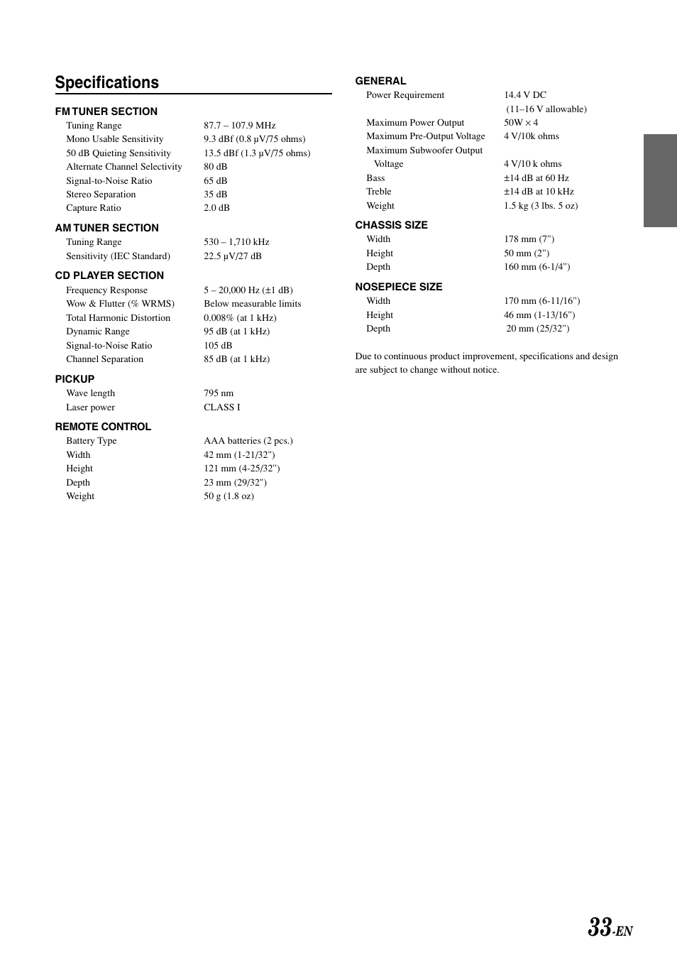 Specs, Specifications | Alpine CDA-9807 User Manual | Page 35 / 41